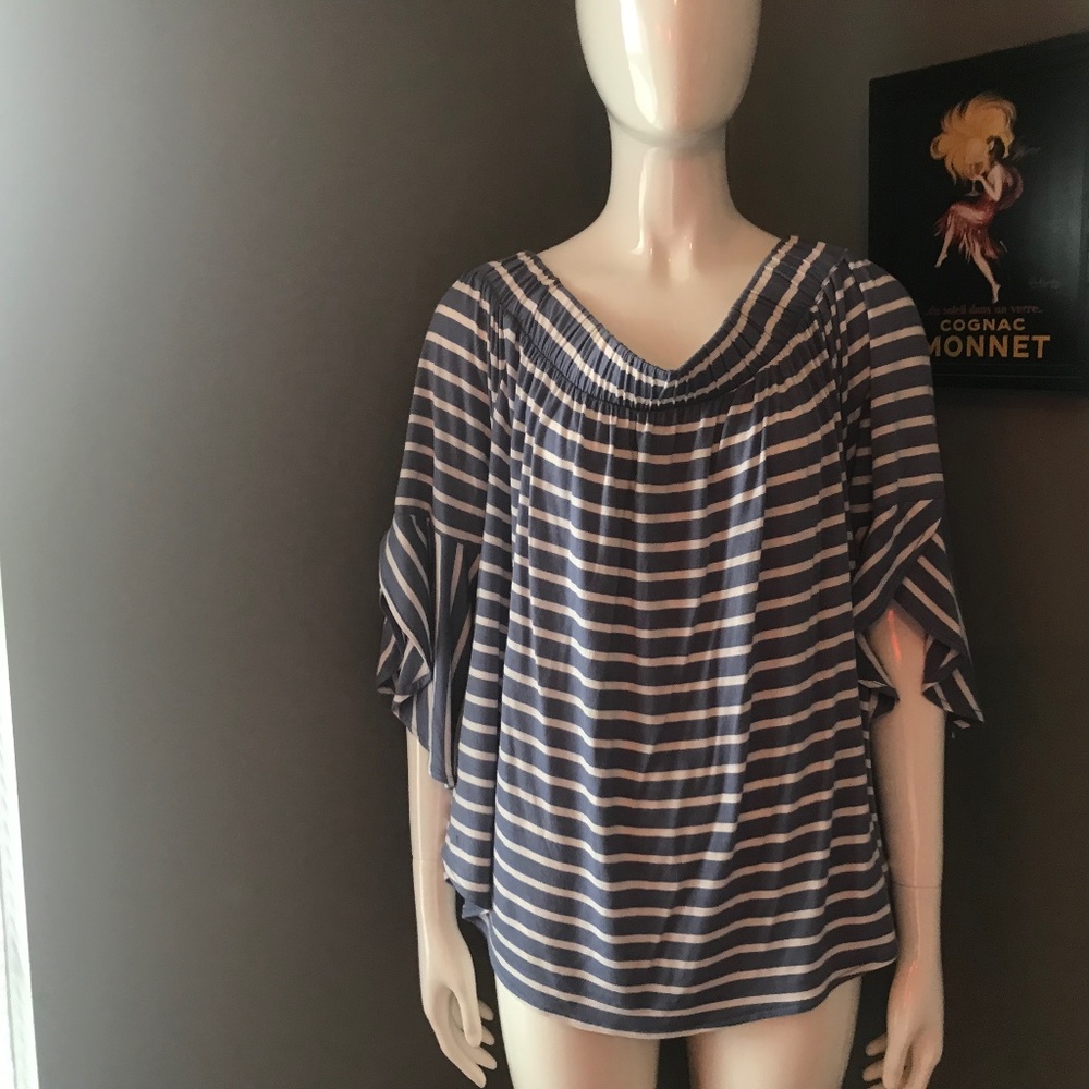 Off the shoulder striped top.